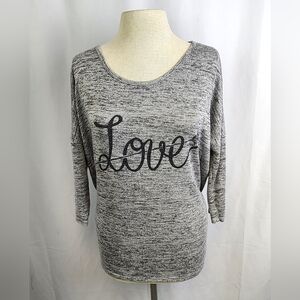 Women's Amazon Grey 3/4 Sleeve LOVE Top with Half Zipper in Back Size M